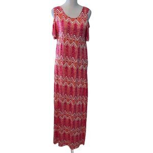 design history szS hot pink/orange/white cold shoulder SS maxi dress worn 2x EUC